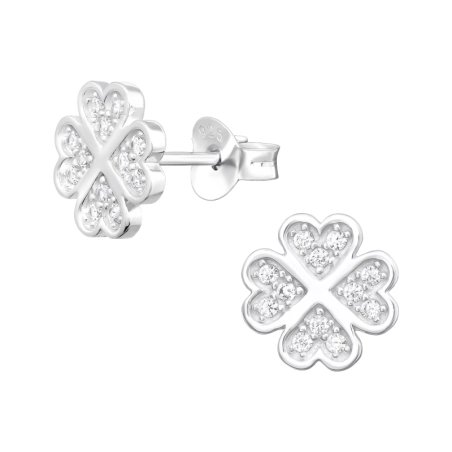 Lucky Four Leaf Clover - 925 Sterling Silver Ear Studs with Zirconia stones