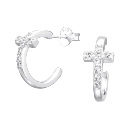 Cross Half Hoop - 925 Sterling Silver Ear Studs with Zirconia stones