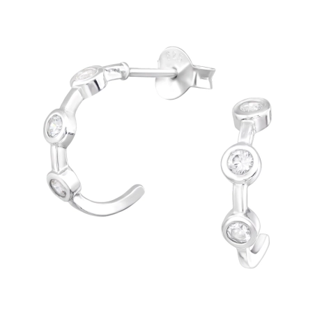 Half Hoop - 925 Sterling Silver Ear Studs with Zirconia stones