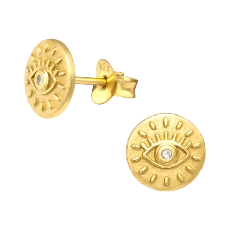 Golden Evil Eye - 925 Sterling Silver Ear Studs With Zirconia Stones