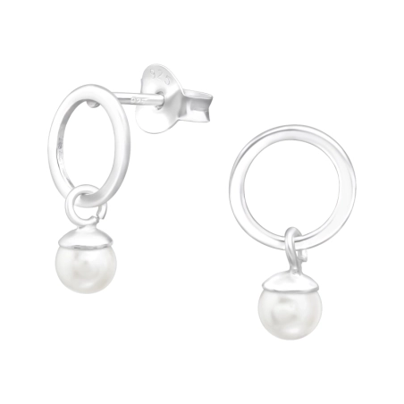 Circle with hanging pearl - 925 Sterling Silver Ear Studs With Pearls