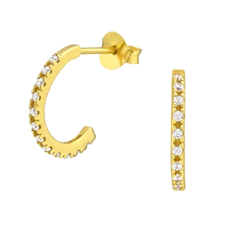 Golden Curved - 925 Sterling Silver Ear Studs With Zirconia Stones