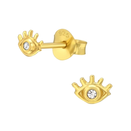 Golden Evil Eye - 925 Sterling Silver Ear Studs With Crystal Stones