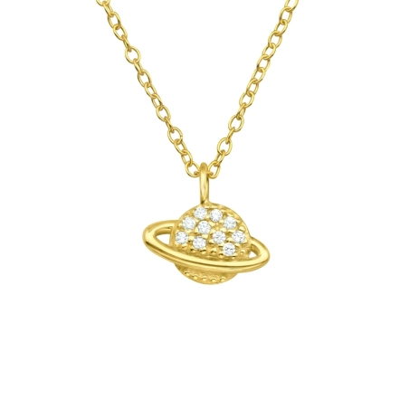Golden Saturn planet with Zirconia - 925 Sterling Silver Necklace With Stones