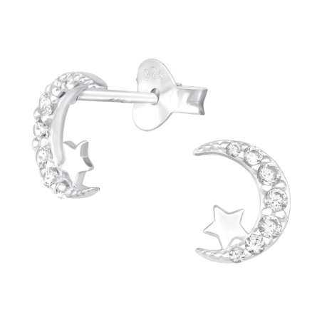 Moon And Star - 925 Sterling Silver Ear Studs with Zirconia stones