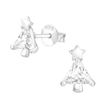 Christmas Tree - 925 Sterling Silver Ear Studs with Zirconia stones