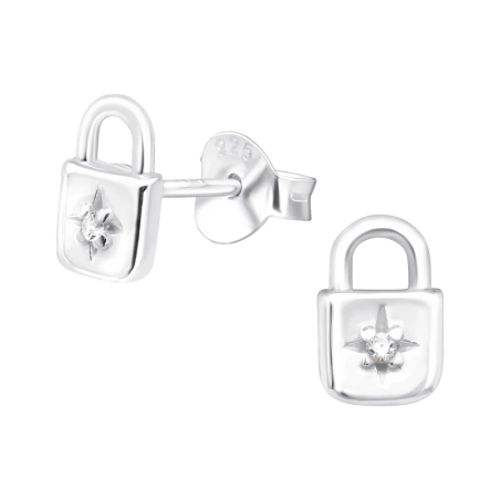 Padlock - 925 Sterling Silver Ear Studs with Zirconia stones