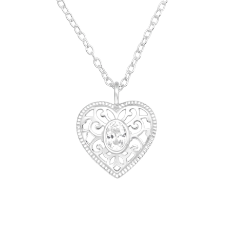 Heart with zirconia in the middle - 925 Sterling Silver Necklace With Stones
