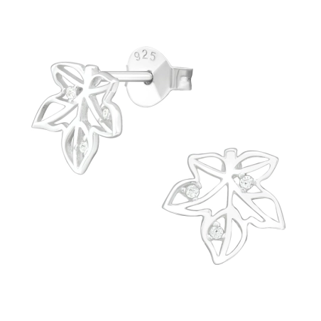 Leaf - 925 Sterling Silver Ear Studs with Zirconia stones