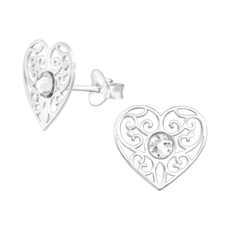 Heart Filigree Ear Studs with Crystal stones Jewellery | All4silver