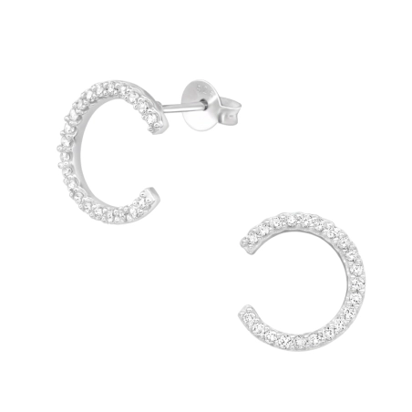 Half Hoop - 925 Sterling Silver Ear Studs with Zirconia stones
