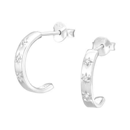 Half Hoop - 925 Sterling Silver Ear Studs with Zirconia stones