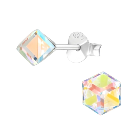 Cube  With Genuine European Crystals - 925 Sterling Silver Lacrystale Silver Ear Studs
