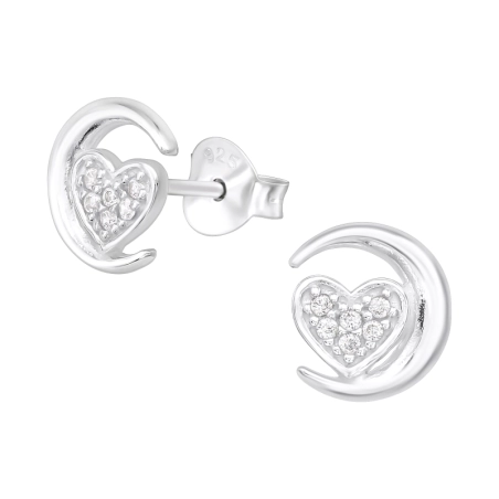 Moon & Heart Ear Studs with Zirconia stones Jewellery | All4silver