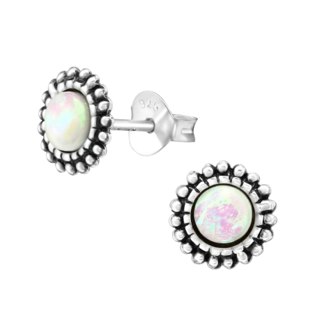 Round - 925 Sterling Silver Ear Studs with semi-precious stones
