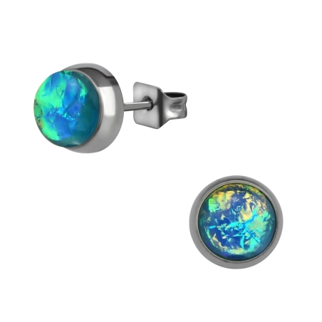 Round 7mm Ear Studs With Synthetic Opal - 316L Surgical Grade Stainless Steel Steel Ear Studs