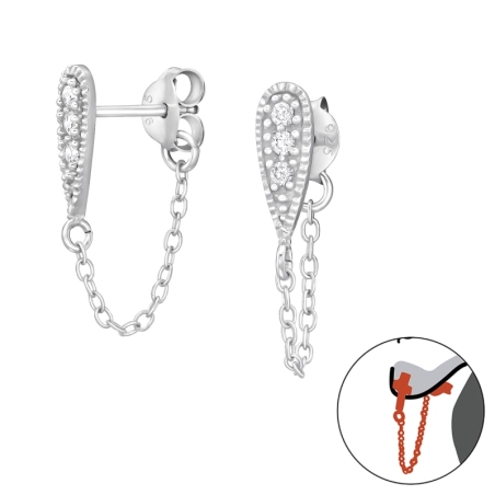 Pear with cubic zirconia and chain - 925 Sterling Silver Ear Studs With Zirconia Stones