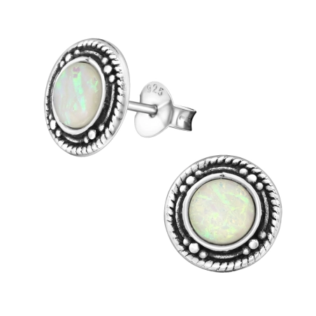 Round - 925 Sterling Silver Ear Studs With Semi-Precious Stones