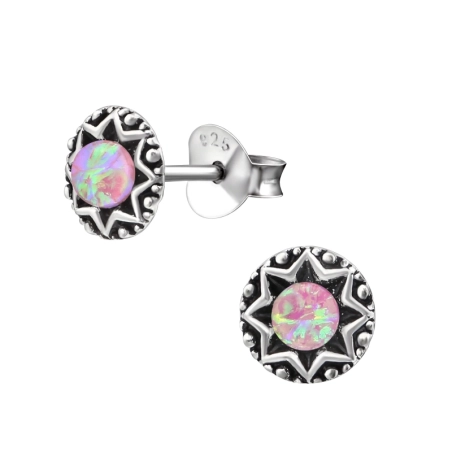 Round Opal Ear Studs with semi-precious stones Jewellery | All4silver