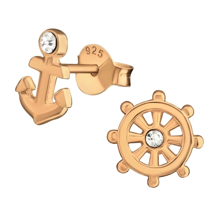 Anchor And Wheel Ear Studs with Crystal stones Jewellery | All4silver