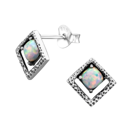 Square Opal - 925 Sterling Silver Ear Studs with semi-precious stones