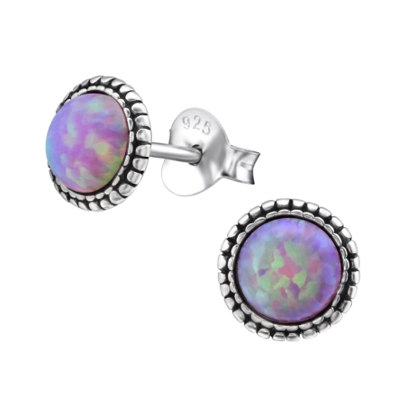 Round Opal - 925 Sterling Silver Ear Studs with Opal