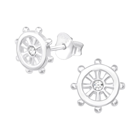 Ship's Wheel - 925 Sterling Silver Ear Studs with Crystal stones