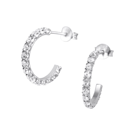 Semi Hoops - 925 Sterling Silver Ear Studs with Crystal stones