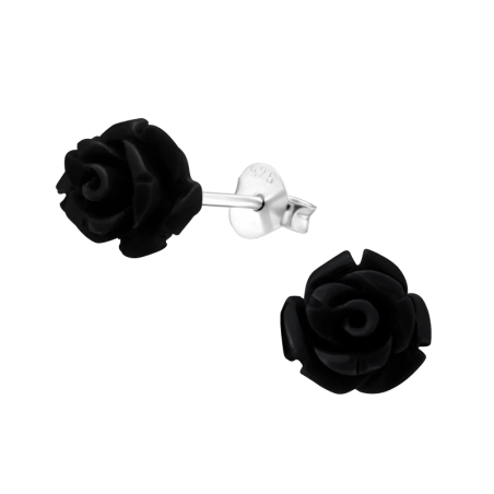 Black Rose - Plastic + 925 Sterling Silver Ear Studs With Enamel Colors