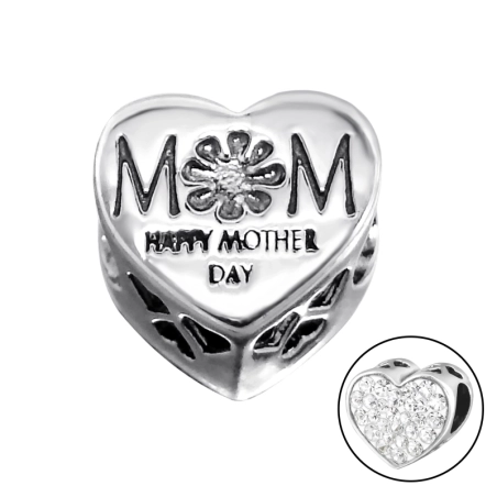 Heart Mom - 925 Sterling Silver Beads with Zirconia or Crystal
