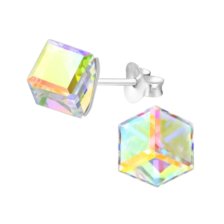 Square  With Genuine European Crystals - 925 Sterling Silver Lacrystale Silver Ear Studs
