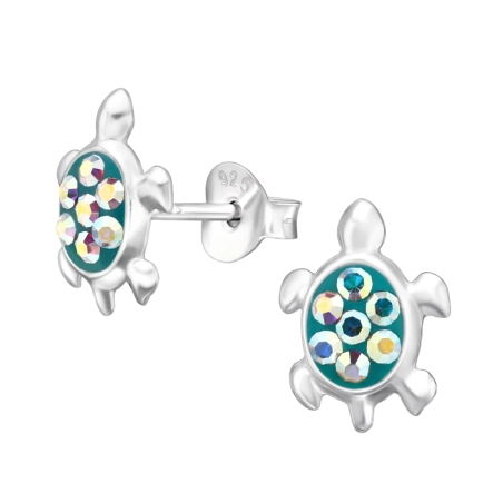 Turtle with Crystals - 925 Sterling Silver Ear Studs With Stones
