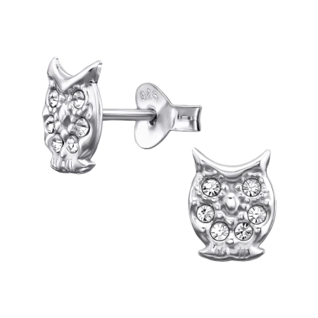 8mm Owl Ear Studs with Crystal stones Jewellery | All4silver