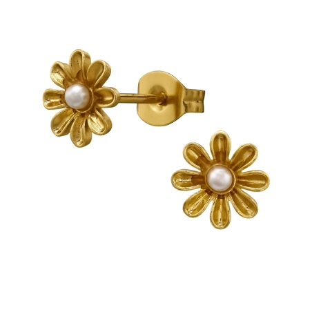  7.5 mm Flower with Pearl, Gold Plated Steel Ear Studs Jewellery | All4silver