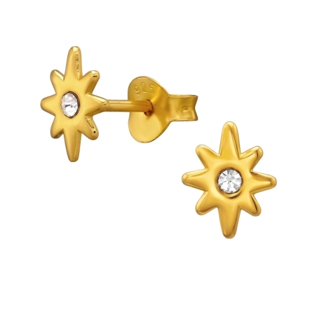 Celestial Starburst Eight Rays Gold Plated Ear Studs with Crystal stones Jewellery | All4silver
