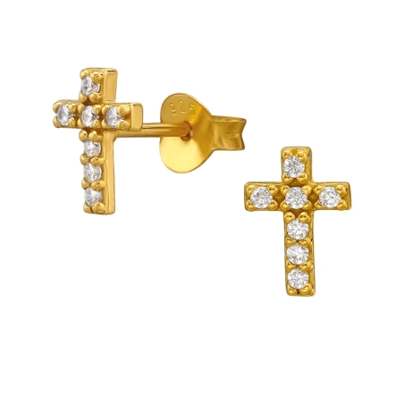 8.5mm Cross Gold Plated Ear Studs with Zirconia stones Jewellery | All4silver